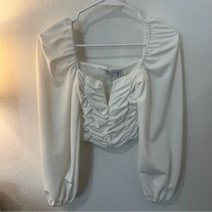 White Ruched Women's Cropped Top w/ Puffed Sleeves